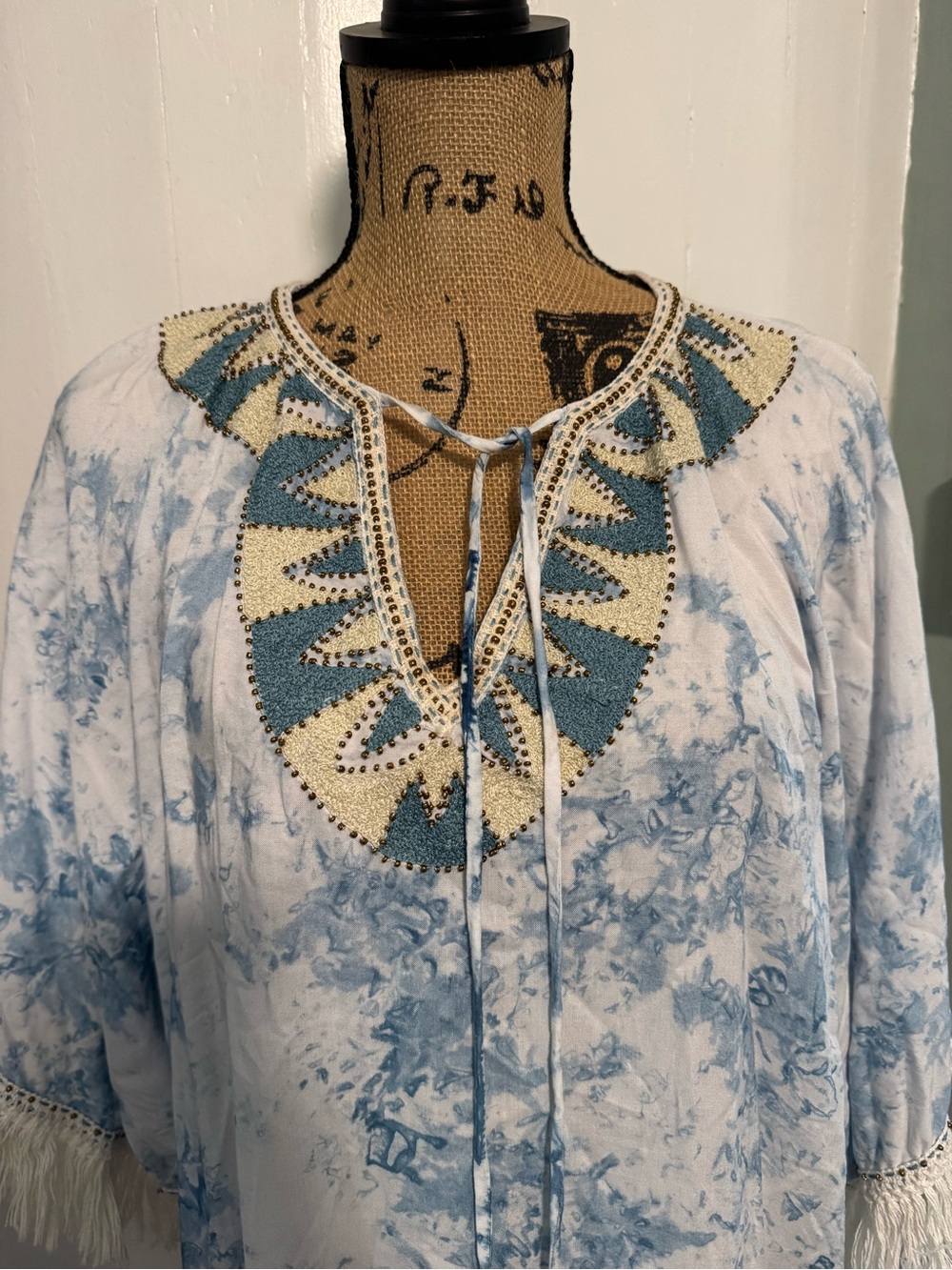 Boheme by shamo Blue & White Tie-Dye Caftan with Tassel Neck and beading